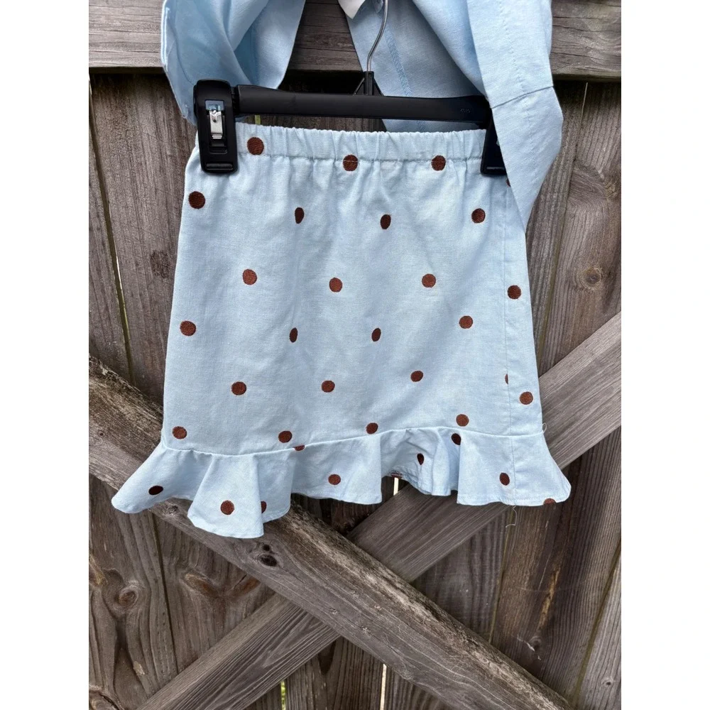 VTG Funtasia Too Girls Blue Brown Polka Dot Linen Skirt Set Size 5 Made‎ in USA